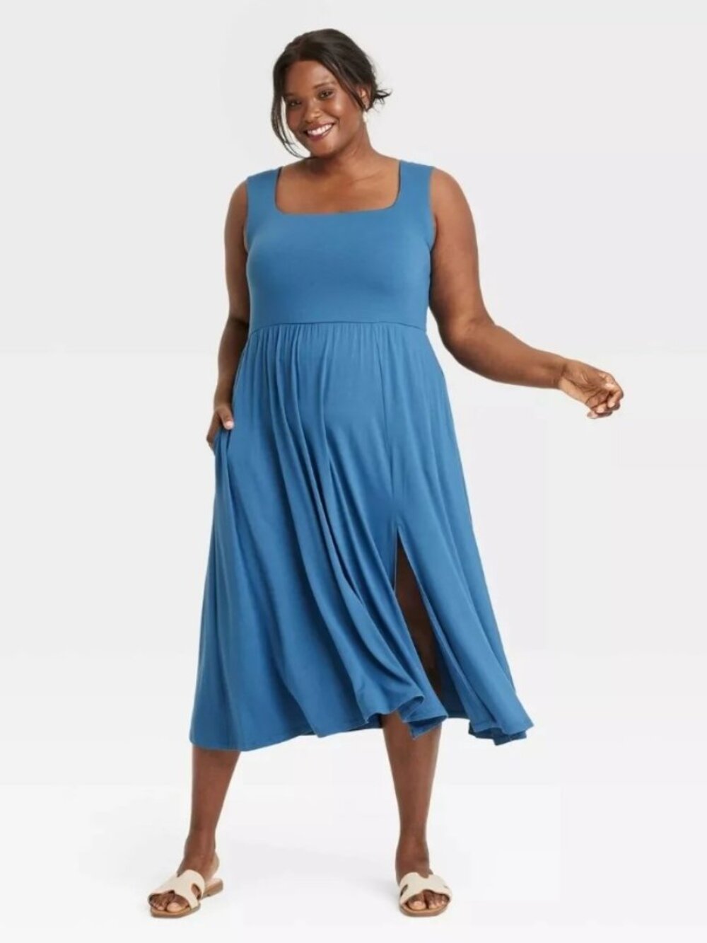 A New Day Blue Sleeveless Square Neck Slit Rayon Spandex Midi 2X NWT